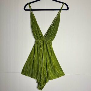 Green Pleated Satin Romper | Deep V Neck Spaghetti Strap Flowy Short Romper